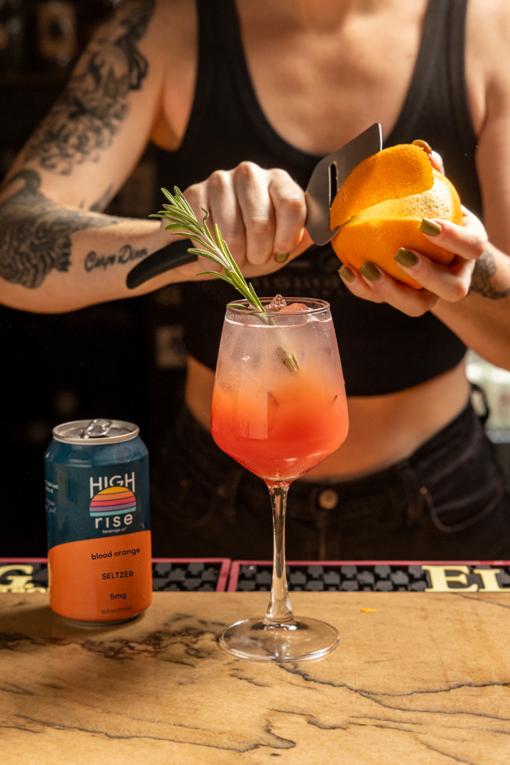 High Rise blood orange seltzer in a mocktail