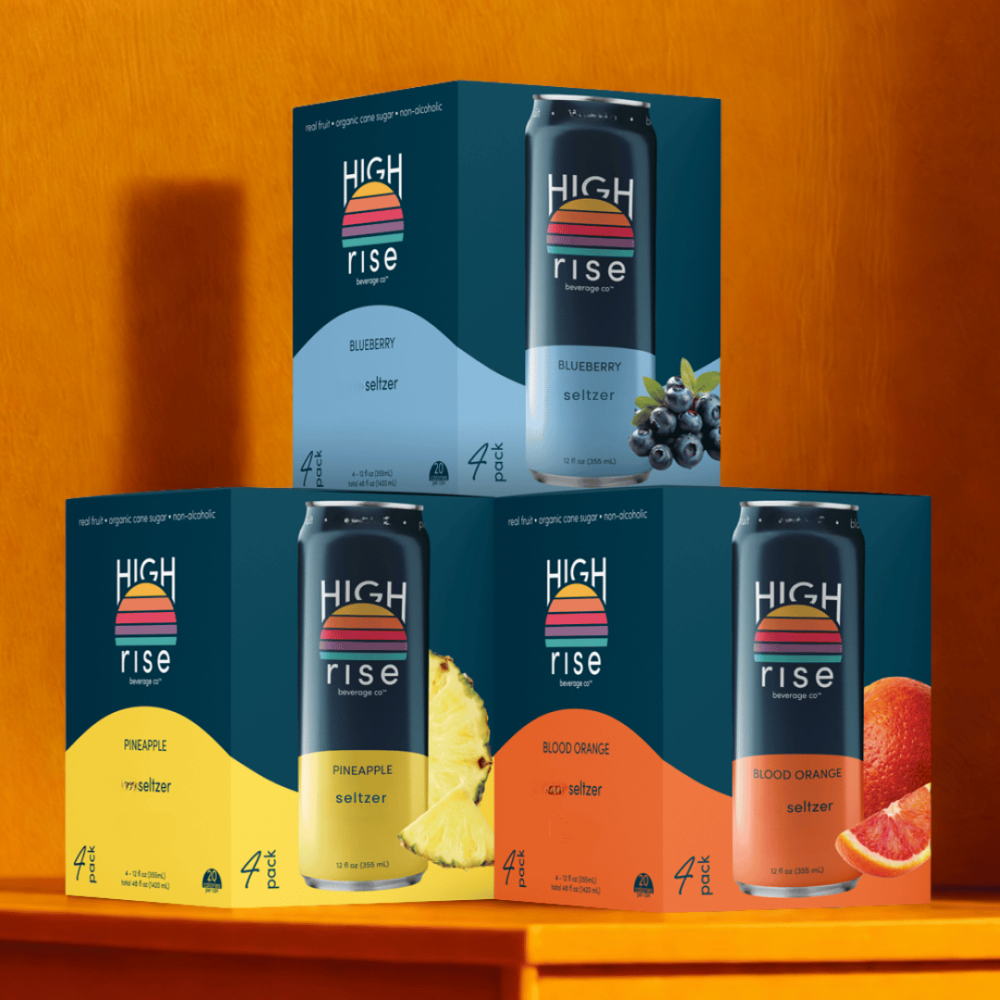 High Rise seltzers, bold edition - blueberry, pineapple and blood orange flavors